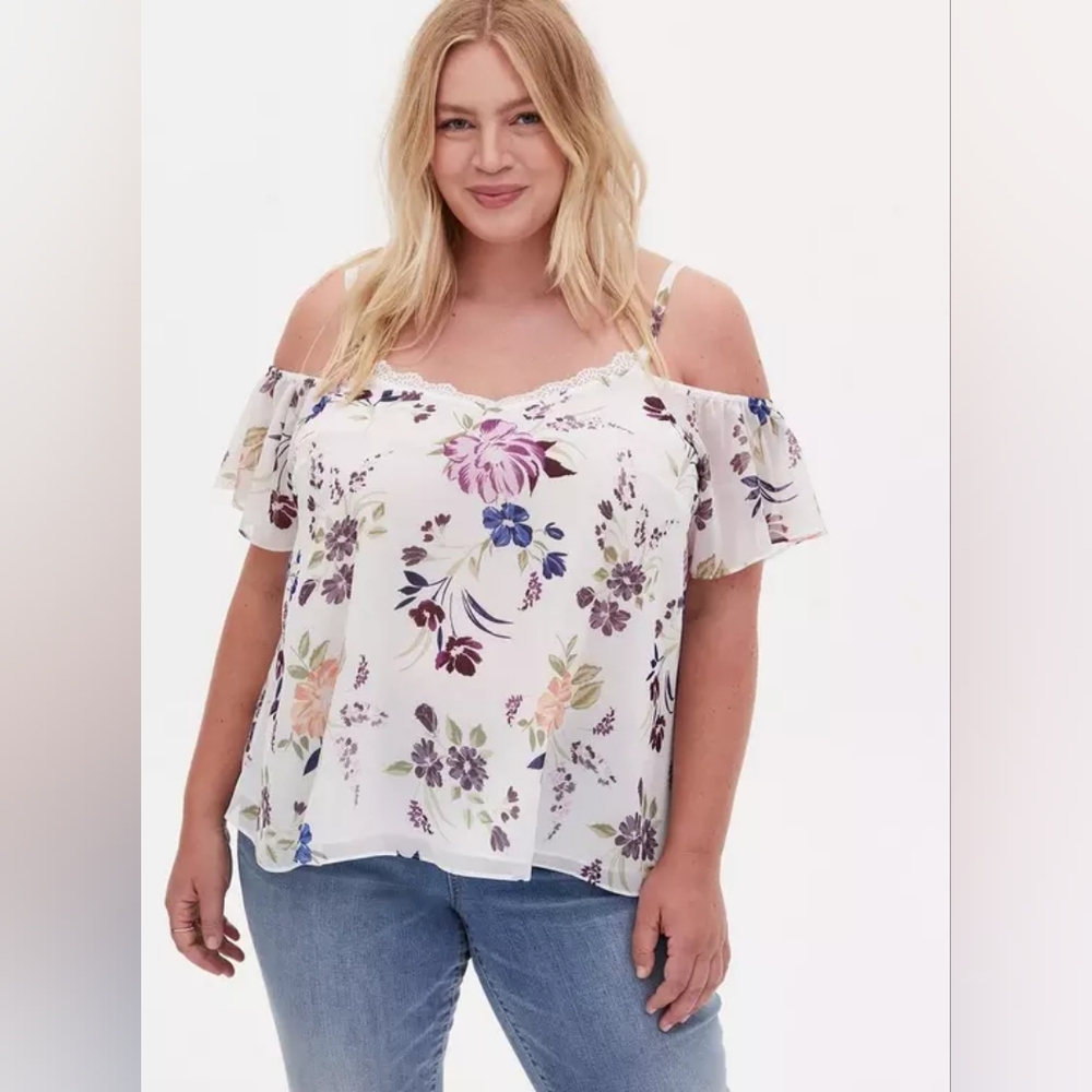 Torrid White Floral Crinkled Chiffon Cold Shoulder Blouse Size 2x